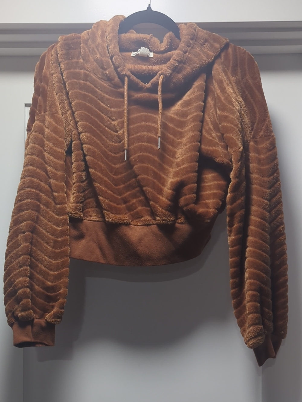 Derek Heart Plush Cropped Hoodie in Rich Brown
